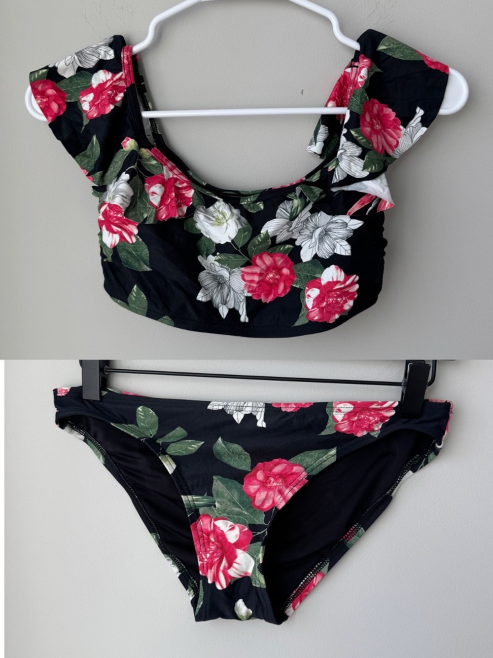 Vince Camuto Black Floral Bikini Bottoms with Pink & Green Print